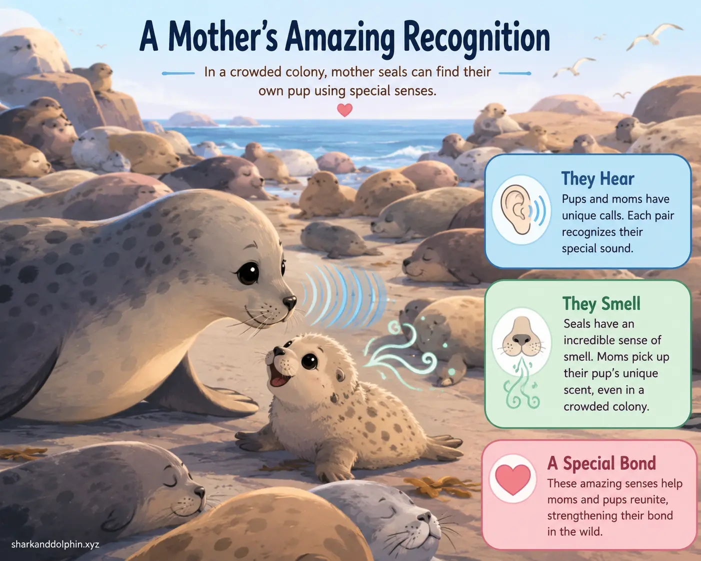 Mother seal recognizing her pup within a crowded colony