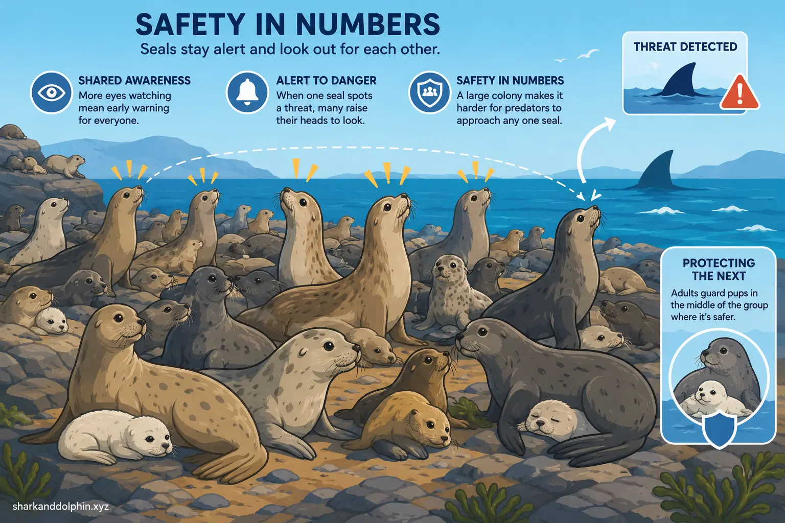 Seal colony showing shared awareness of approaching predators
