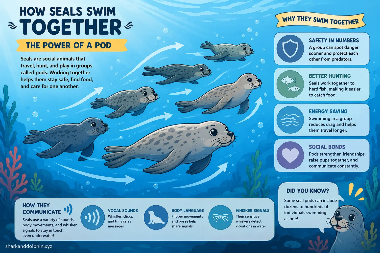 Illustration of seals swimming together as a pod in the ocean